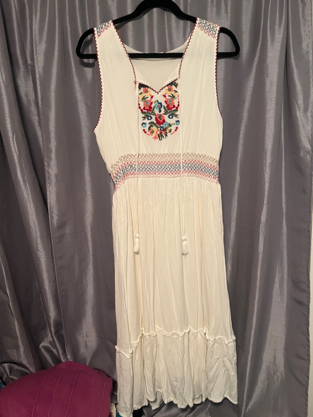 Cream Sleeveless Embroidered Midi Dress with Smocked Waist
